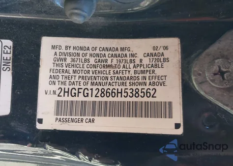 2006 Honda Civic Ex из США, поврежденный, VIN 2HGFG12866H538562